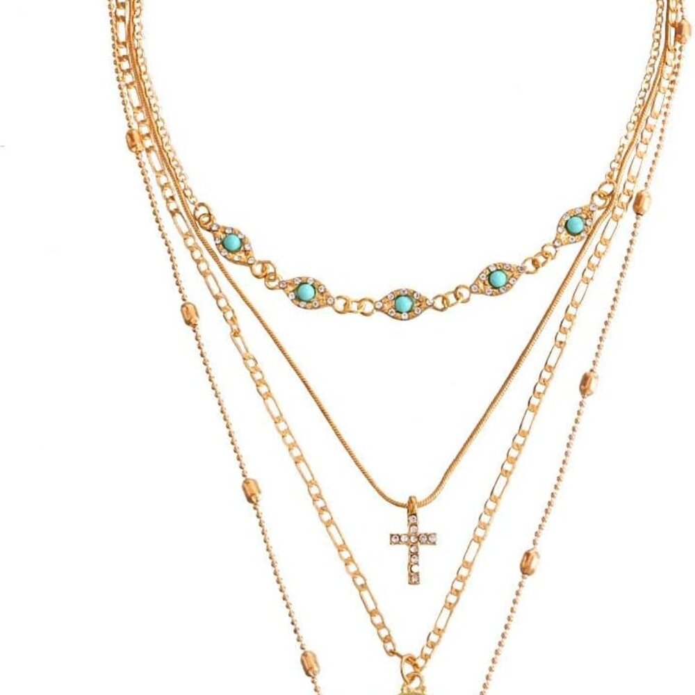 Gold Layered Necklace for Women Summer Boho Layered Stacked Pendant Necklace Cou